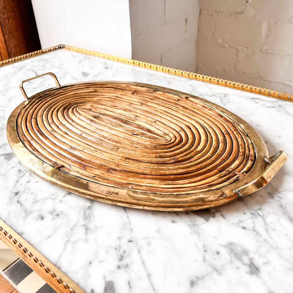 Gabriella Crespi Style Oval Pencil Reed And Brass Tray With Handles