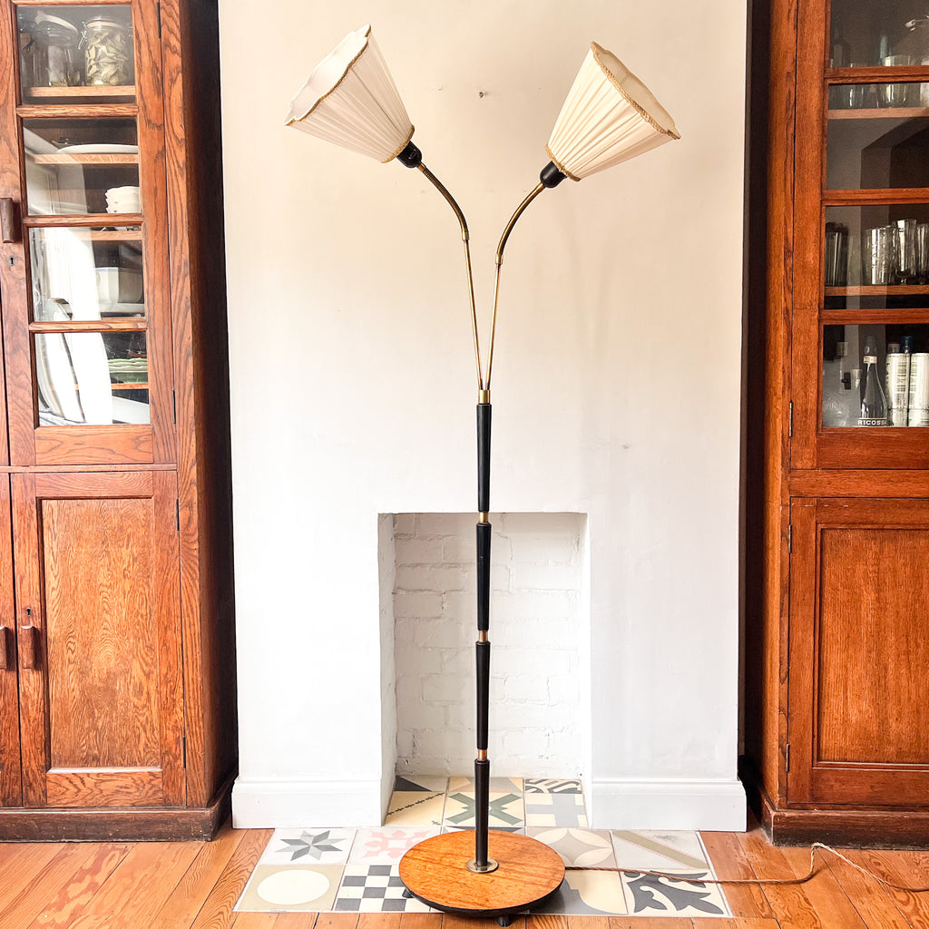 Mid Century Swedish Brass Floor Lamp With Two Fabric Shades