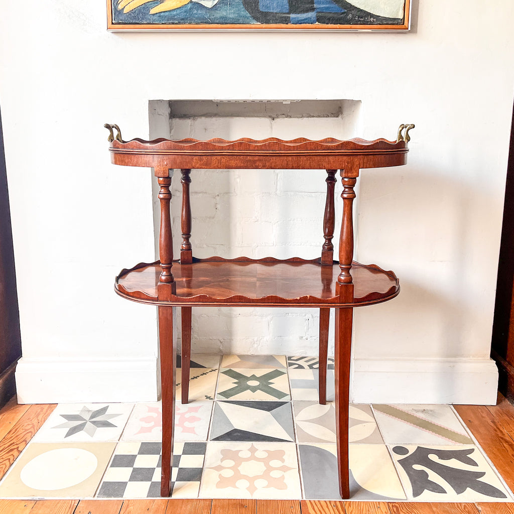 Vintage Scalloped Two Tier Tray Table With Brass Handles