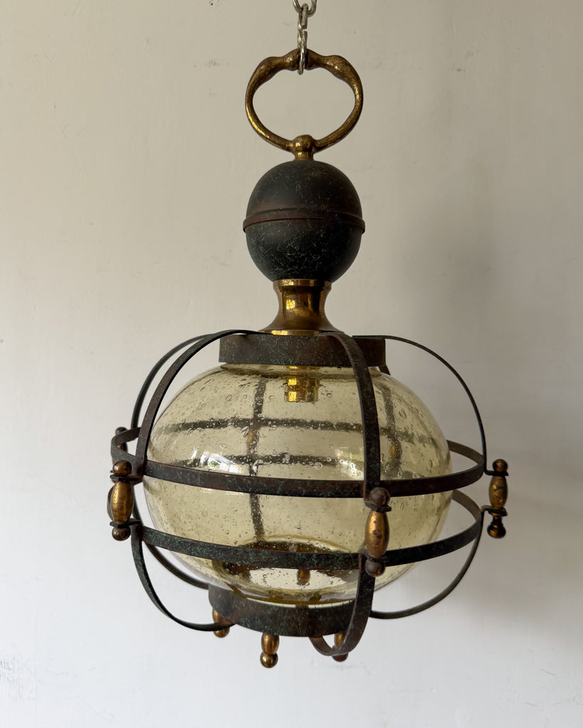 Vintage Caged Amber Bubble Glass Pendant Light