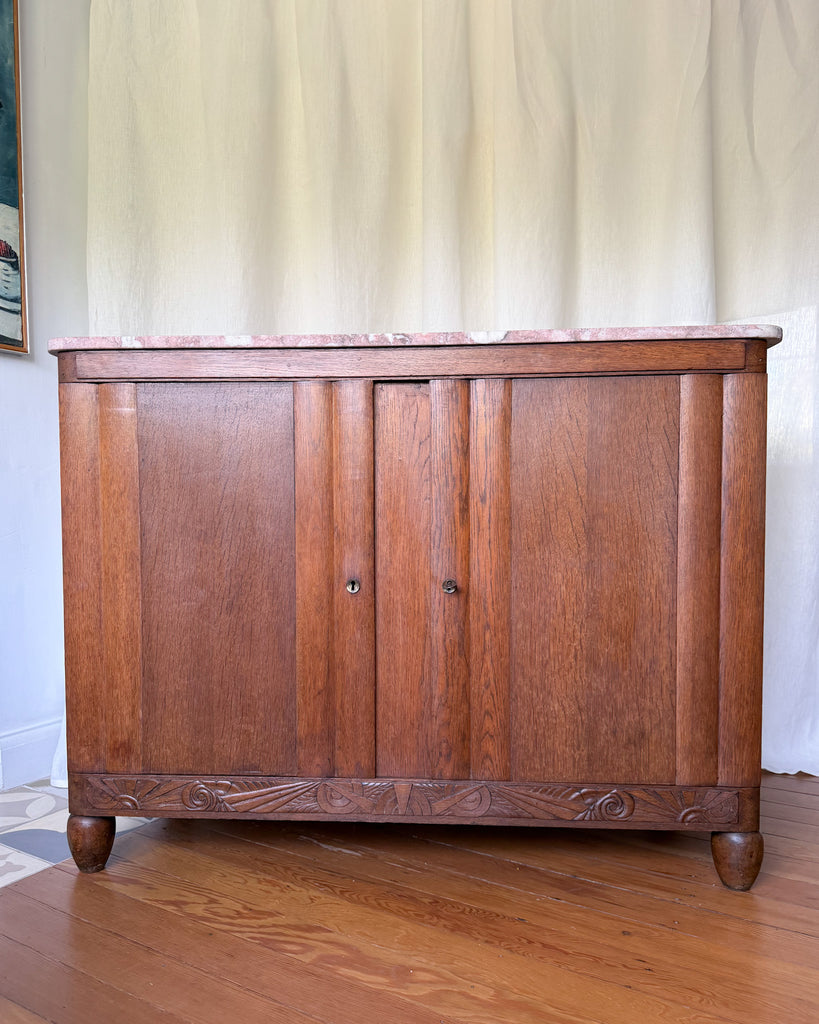 French Vintage Oak Marble Top Cabinet