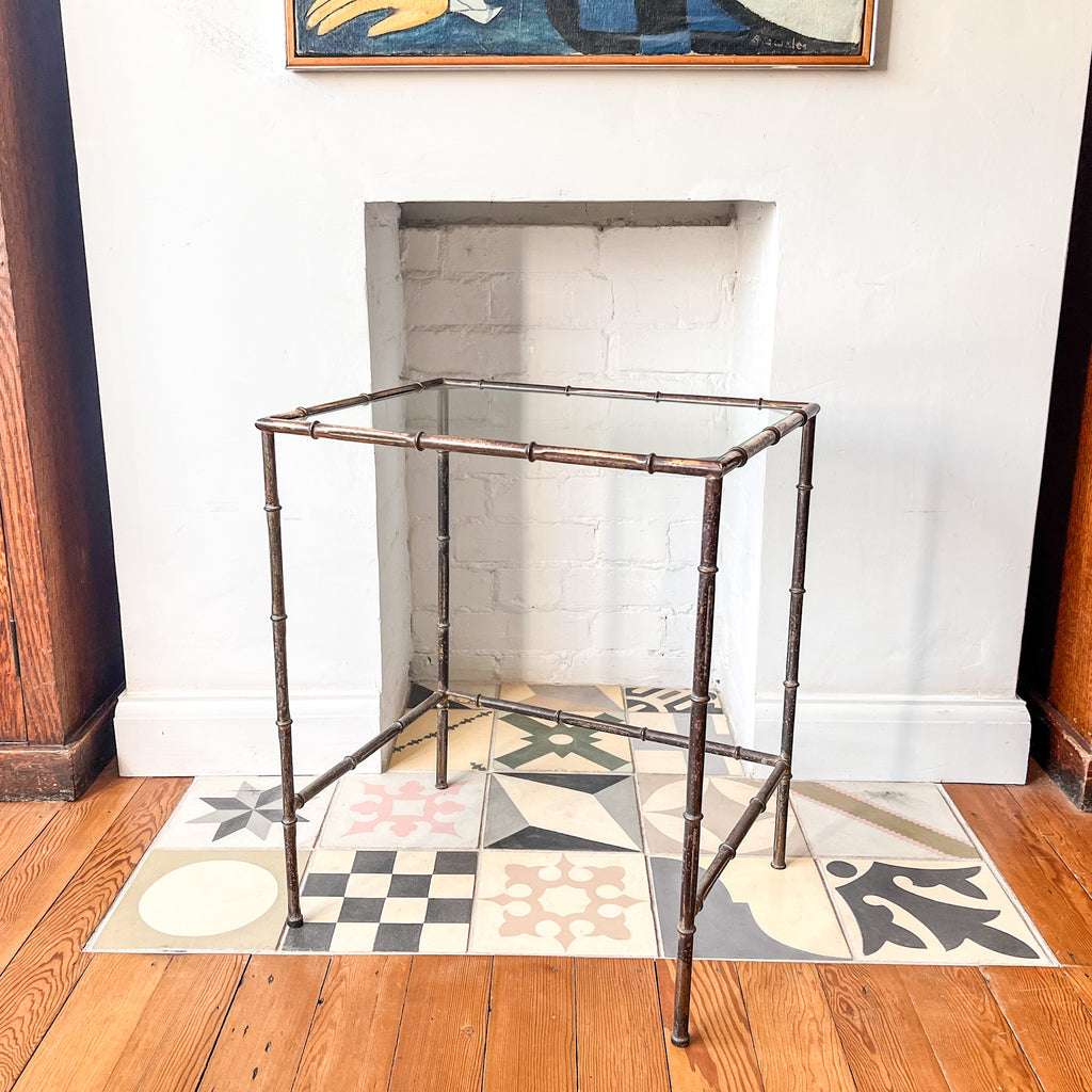 Vintage Brass Faux Bamboo Glass Top Table In The Manner Of Maison Jansen