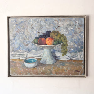 Still Life With Vase Of Fruit, Spanish Oil On Canvas, Signed