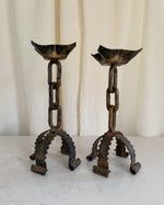 Load image into Gallery viewer, A Pair Of Large Brutalist Mid Century Wrought Iron Chain Candlesticks
