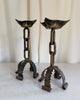 A Pair Of Large Brutalist Mid Century Wrought Iron Chain Candlesticks