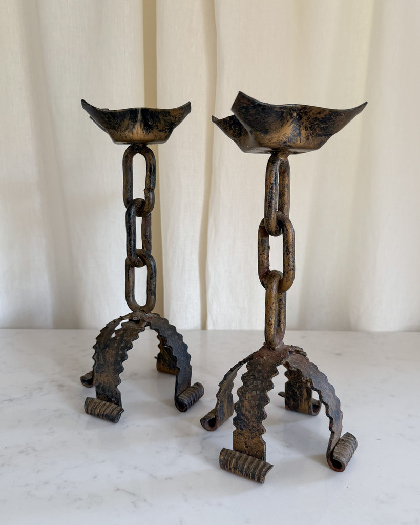 A Pair Of Large Brutalist Mid Century Wrought Iron Chain Candlesticks