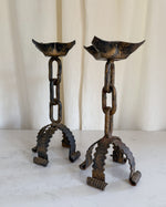 Load image into Gallery viewer, A Pair Of Large Brutalist Mid Century Wrought Iron Chain Candlesticks
