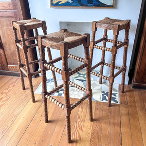 Tall French Vintage Bobbin Bar Stool With Rush Top