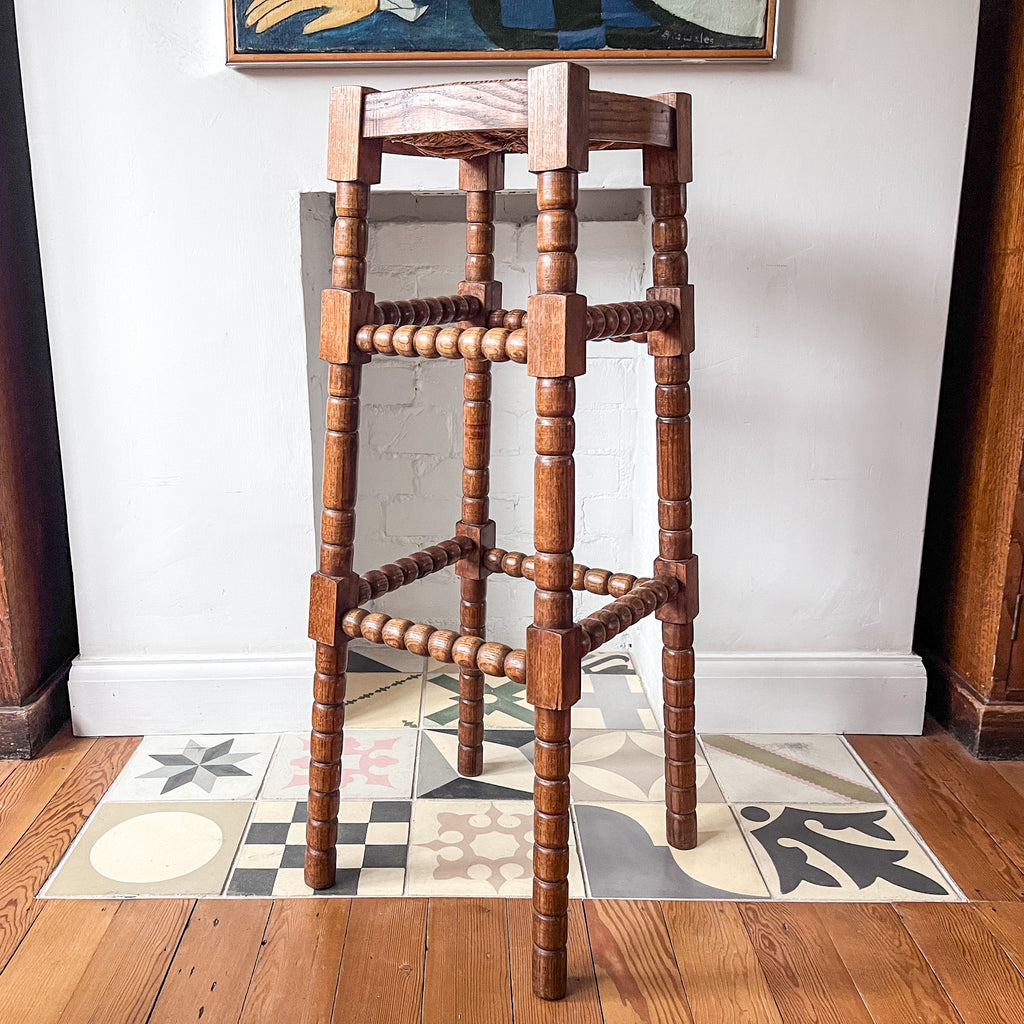 Tall French Vintage Bobbin Bar Stool With Rush Top