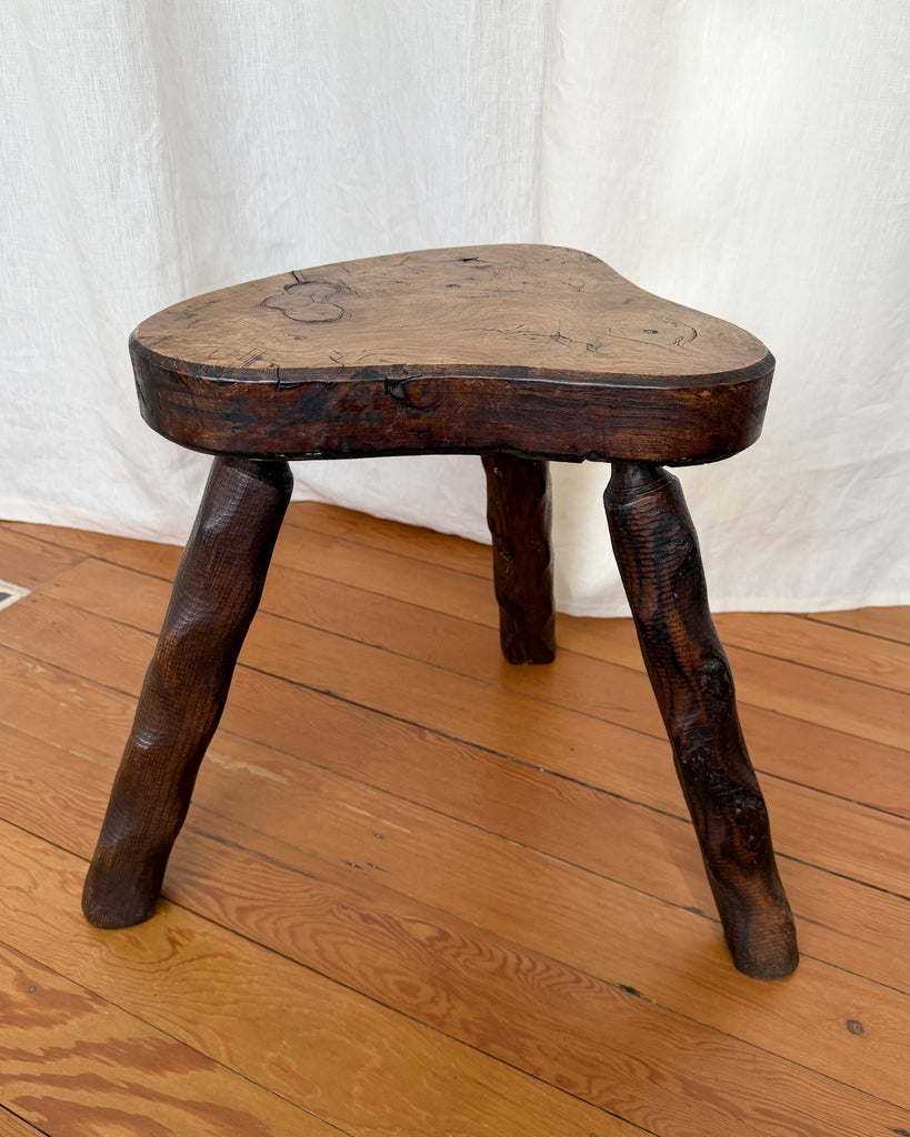 French Vintage Brutalist Stool With Carved Legs