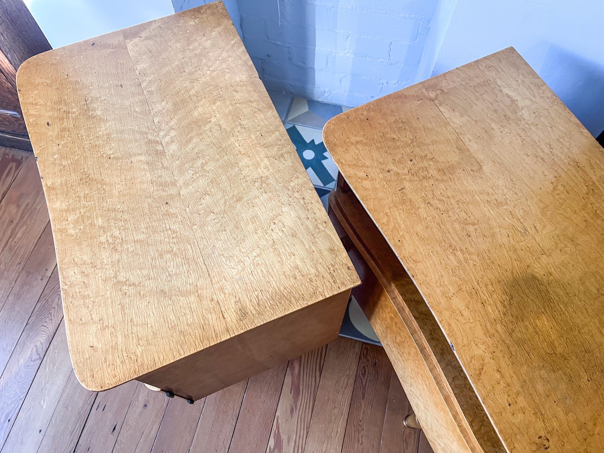 A Pair Of Large Mid Century Birds Eye Bedside Cabinets