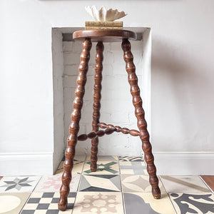 Tall French Vintage Wooden Milking Stool With Bobbin Legs