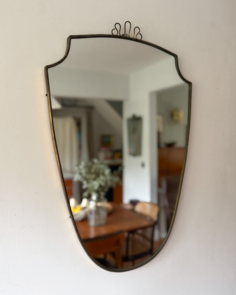 Mid-Century Italian Brass Shield Wall Mirror With Crest In The Style Of Gio Ponti