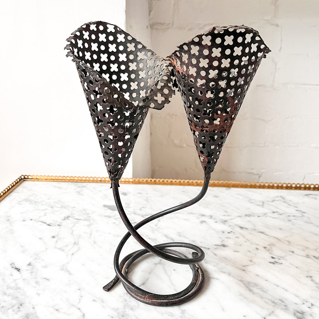 French Mid Century Perforated Metal Candlestick Attributed To Mathieu Matègot