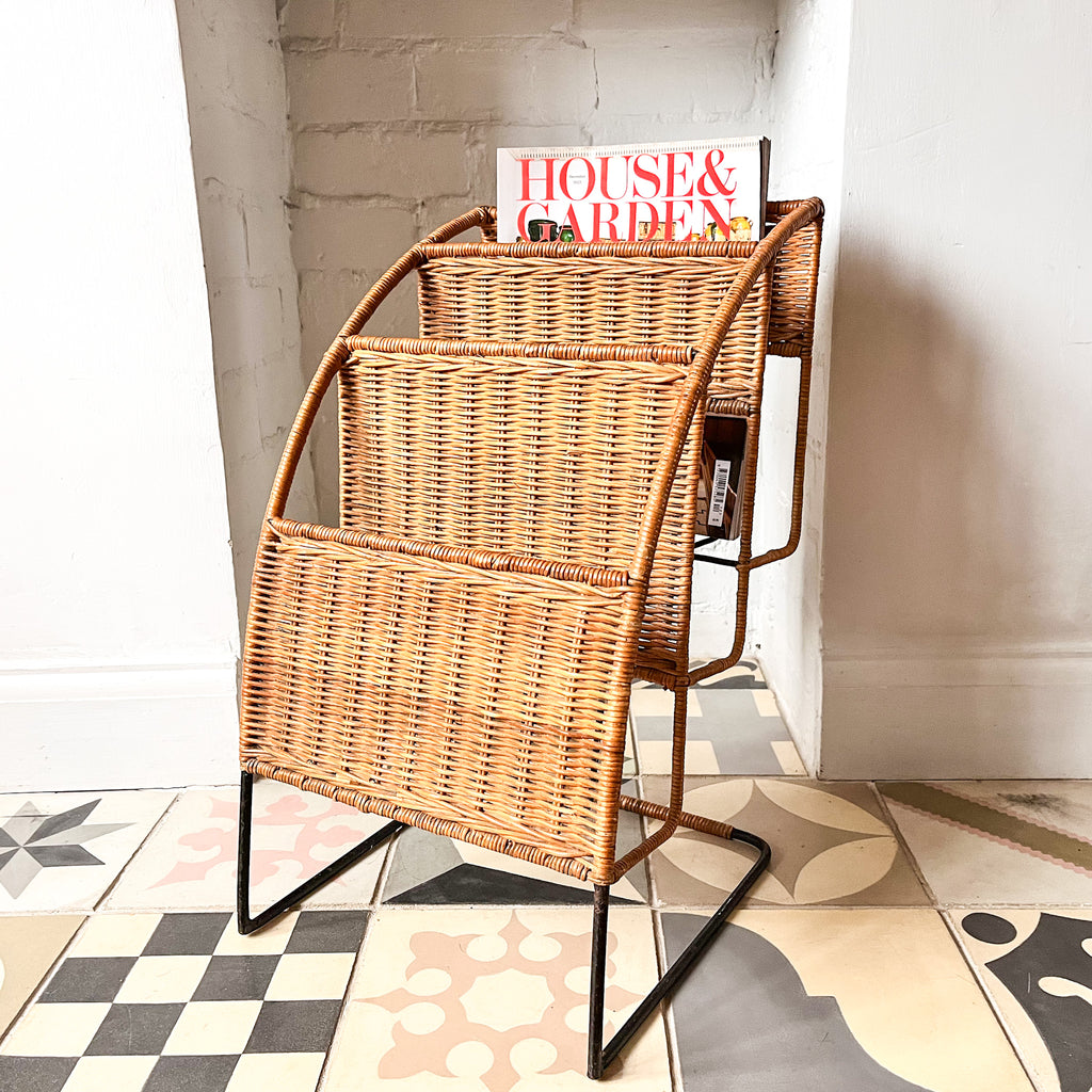 Vintage Three Tier Rattan Magazine Rack Attributed To Raoul Guys