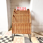 Load image into Gallery viewer, Vintage Three Tier Rattan Magazine Rack Attributed To Raoul Guys
