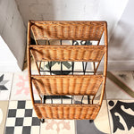 Load image into Gallery viewer, Vintage Three Tier Rattan Magazine Rack Attributed To Raoul Guys
