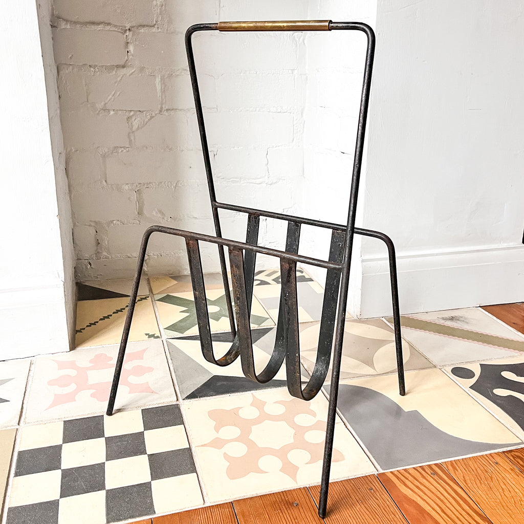 Mid Century Black Iron Magazine Rack With Brass Handle Attributed To Jacques Adnet