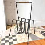 Load image into Gallery viewer, Mid Century Black Iron Magazine Rack With Brass Handle Attributed To Jacques Adnet
