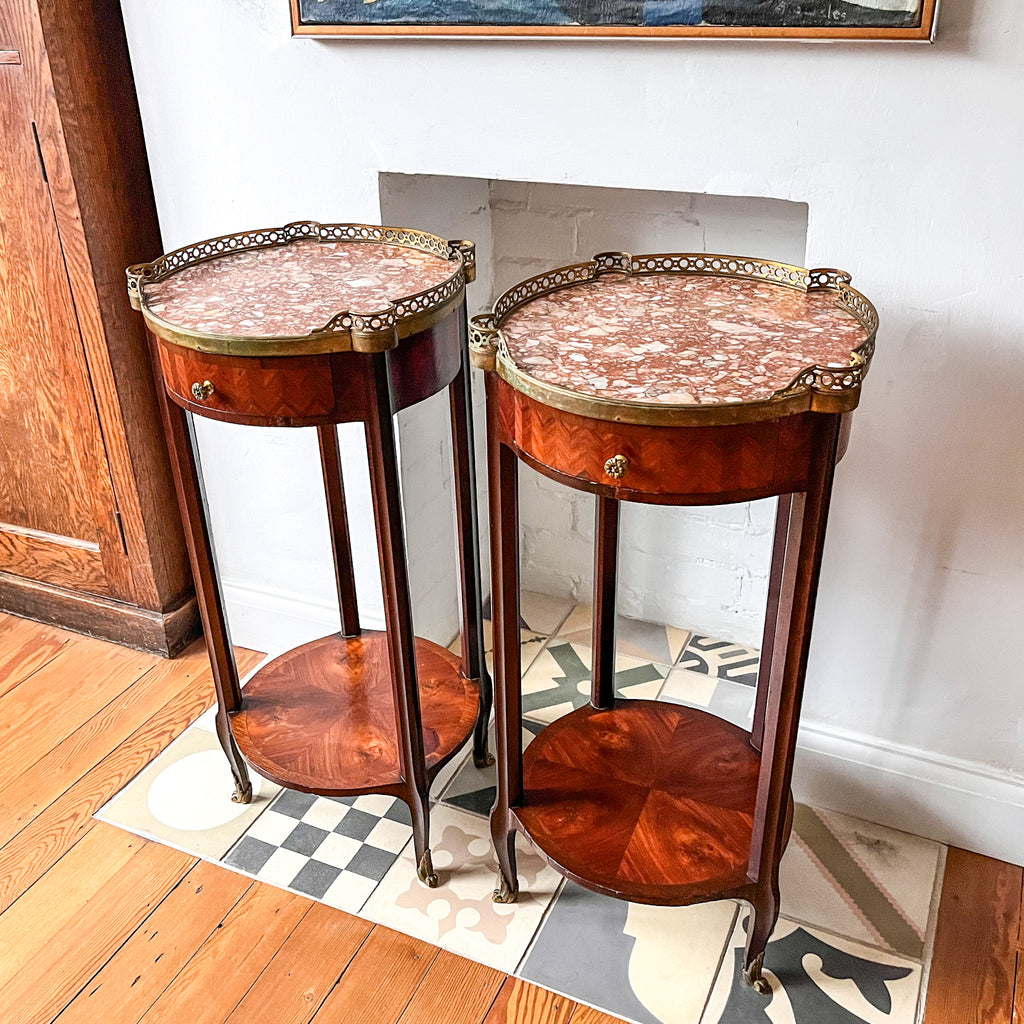 A Pair Of Antique French Bedside Tables With Marble Tops And Brass Galleries