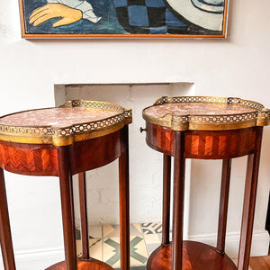 A Pair Of Antique French Bedside Tables With Marble Tops And Brass Galleries