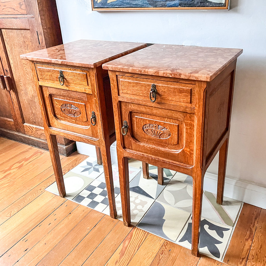 A Pair Of Continental Bedside Cabinets With Marble Tops