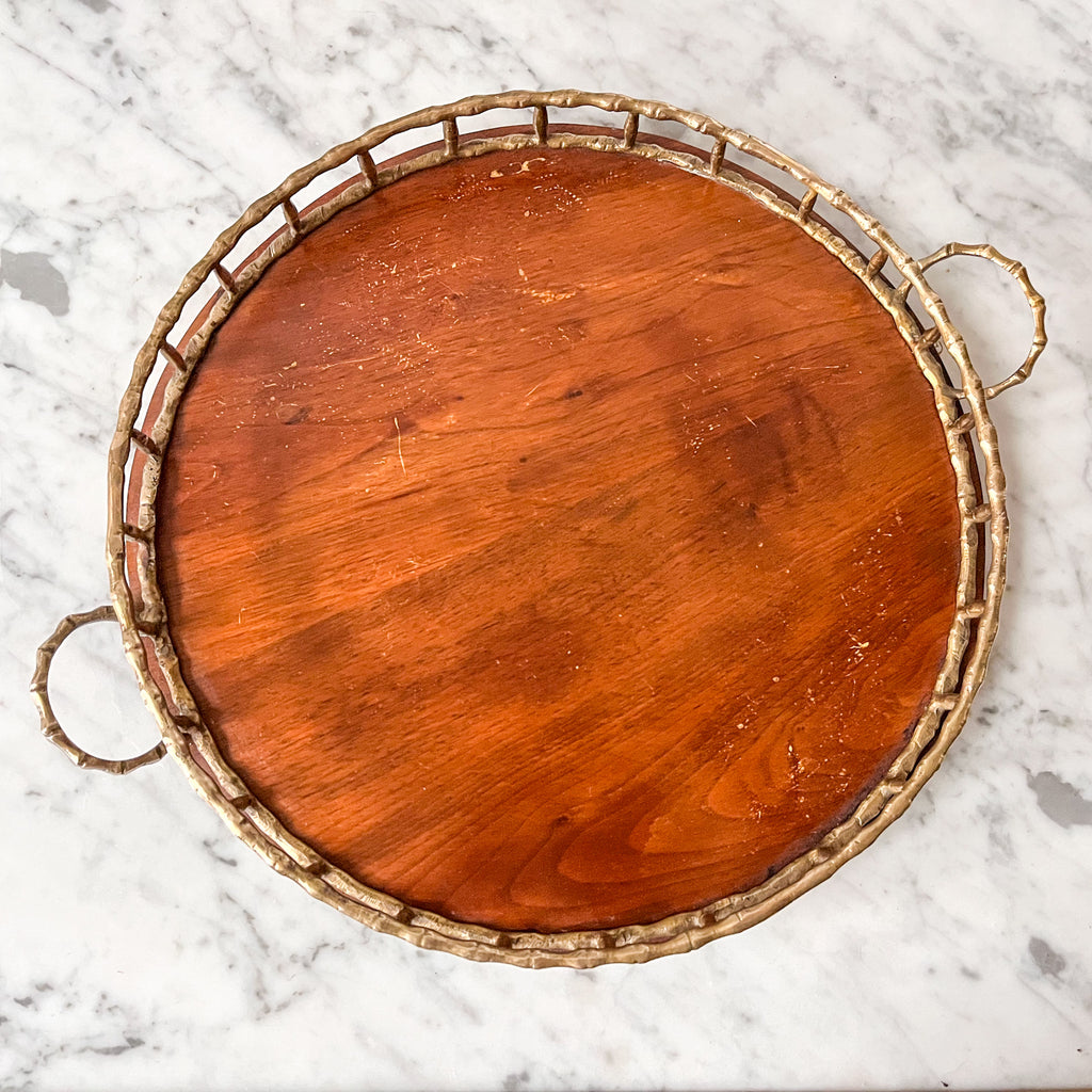 Vintage Brass Faux Bamboo And Walnut Tray In The Manner Of Maison Jansen