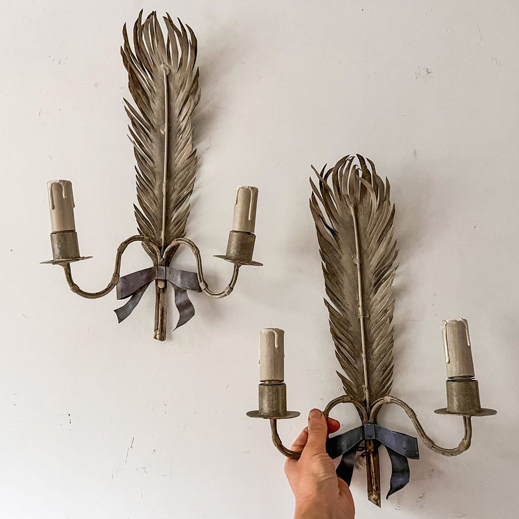 A Pair Of French Vintage Toleware Feather Light Sconces