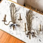 Load image into Gallery viewer, A Pair Of French Vintage Toleware Feather Light Sconces
