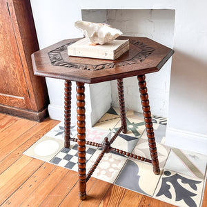 Antique Bobbin Cricket Table With Carved Top