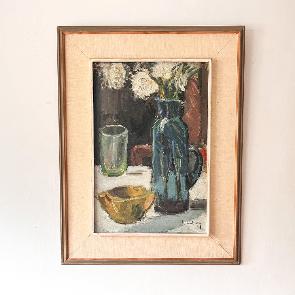 Swedish Oil On Board Still Life With Blue Jug, Signed
