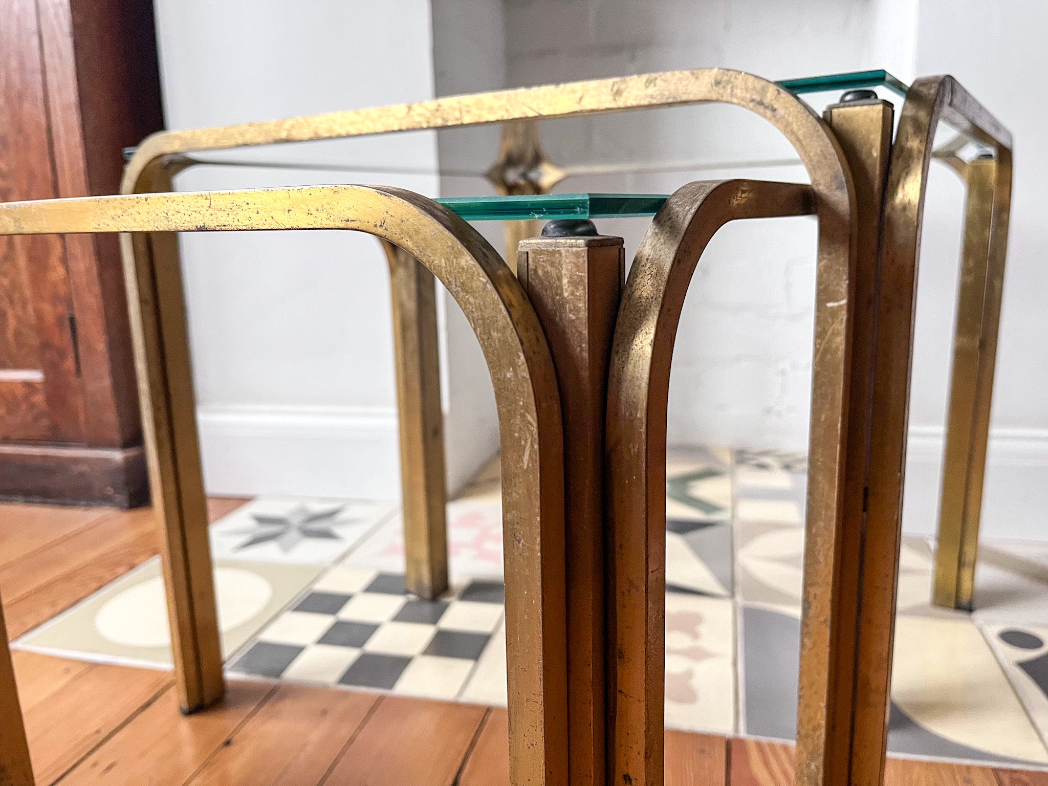 A Nest Of Two Italian Mid Century Brass Side Tables With Glass Tops