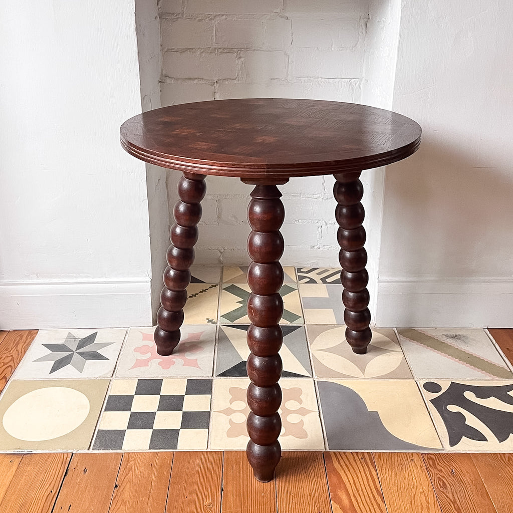 Antique Round French Bobbin Side Table With Parquetry Top