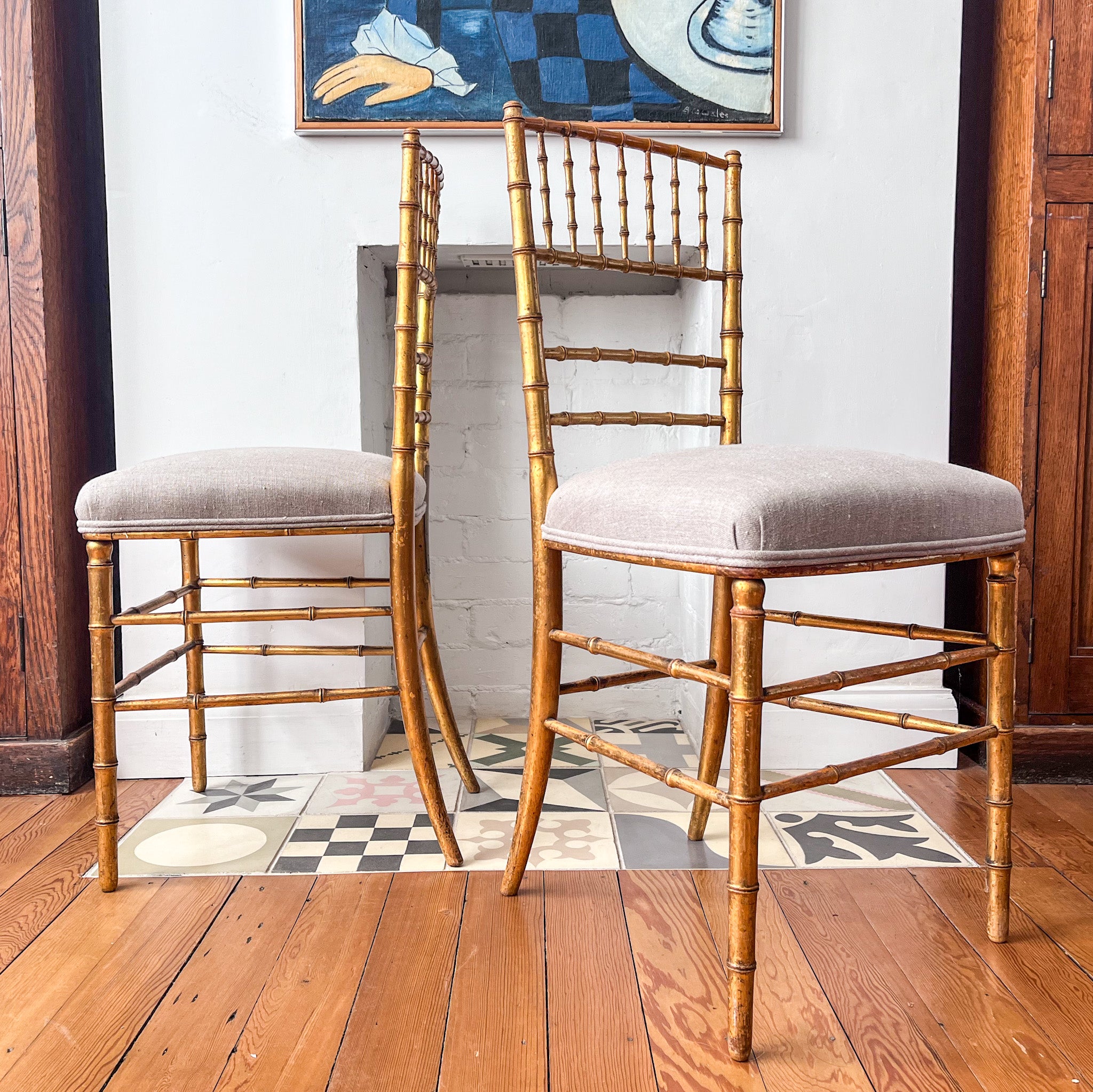 A Pair Of French Antique Gilded Faux Bamboo Occasional Chairs With Upholstered Seats