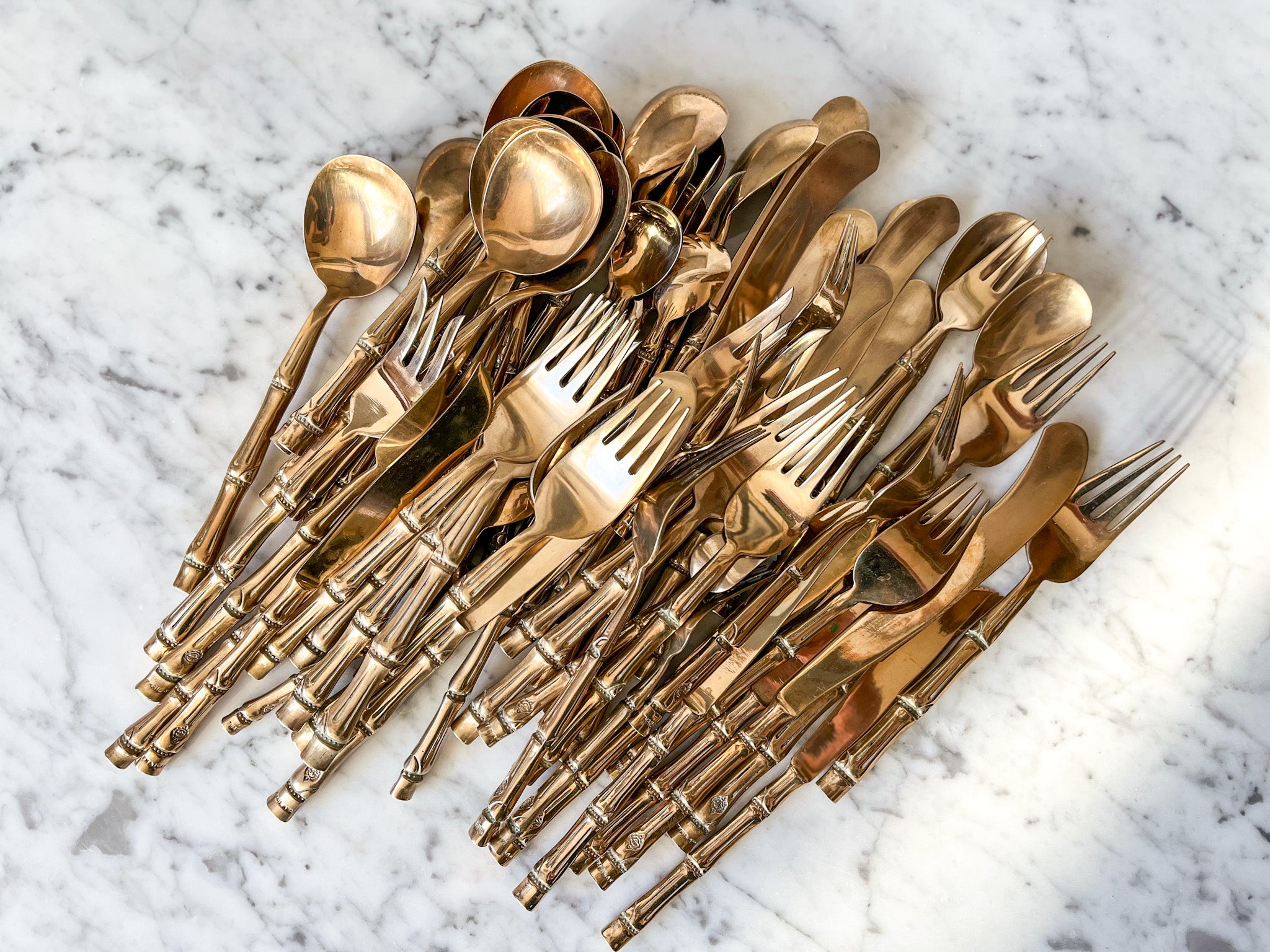 A 68 Piece Set Of Vintage Bronze Faux Bamboo Cutlery For 6 Persons