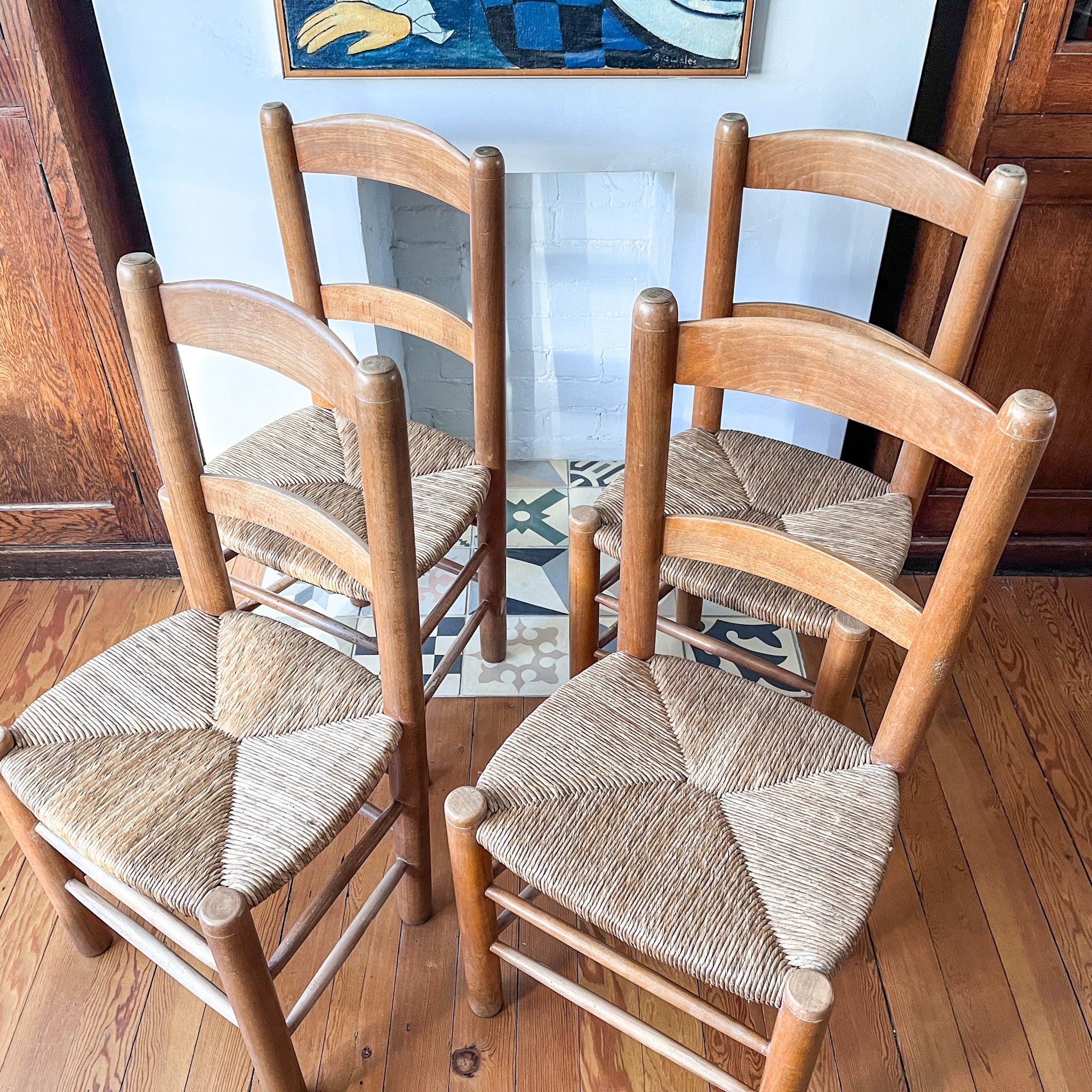 Set Of Four French Vintage Dining Chairs With Rush Seats
