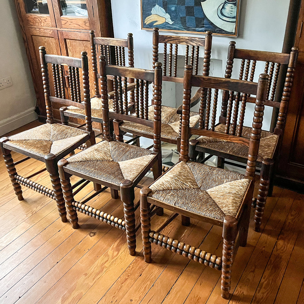 Set Of Six Arts And Crafts Bobbin Dining Chairs With Rush Seats
