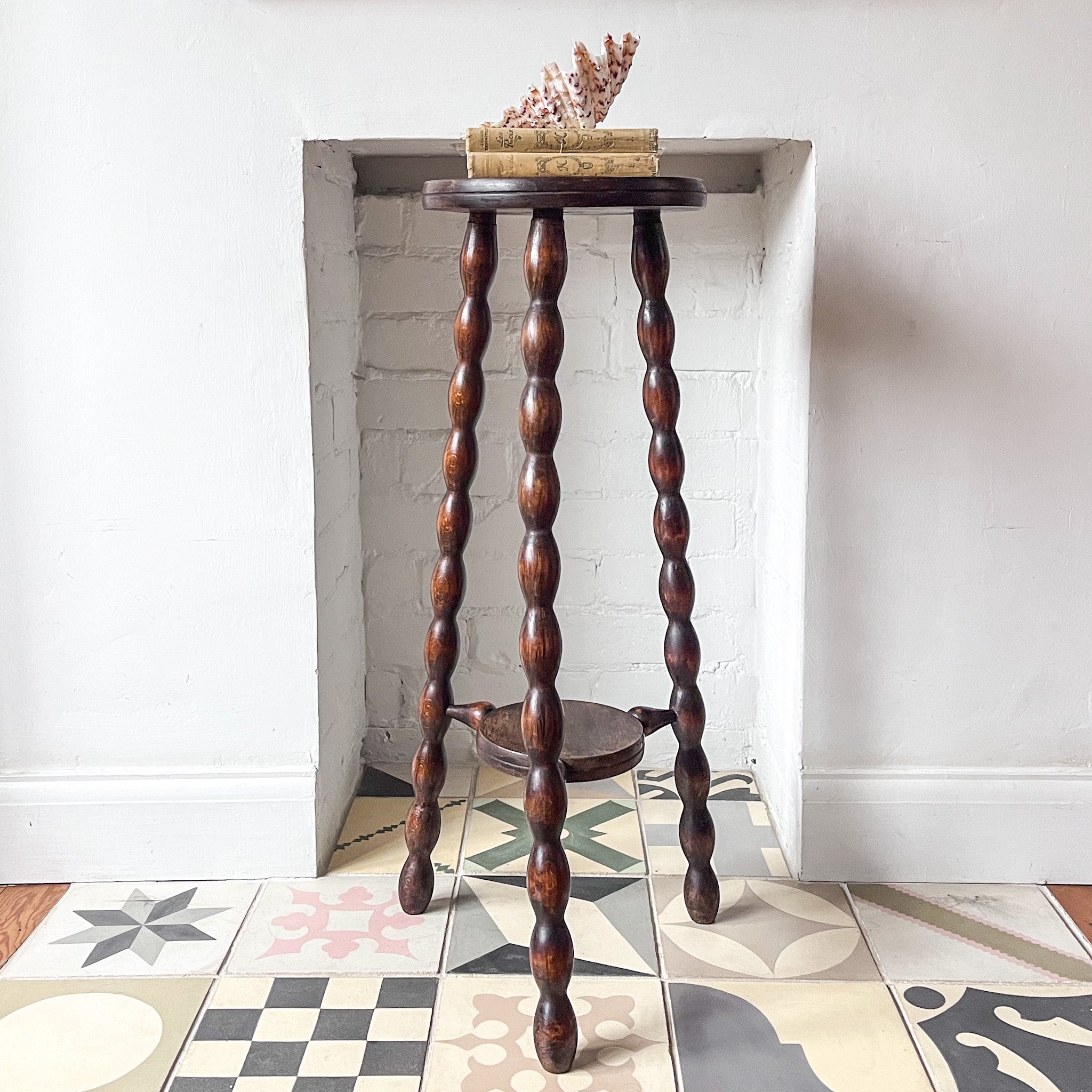 Tall French Vintage Wooden Milking Stool With Bobbin Legs