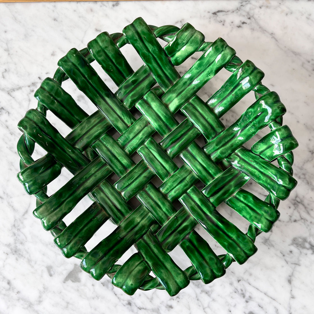 Vintage Green Glazed Ceramic Woven Bowl By Vallauris