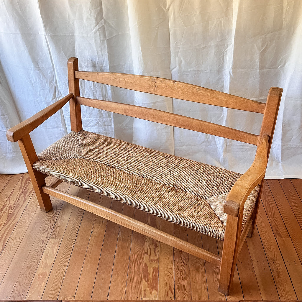 Vintage French Rail Back Bench With Rush Seat