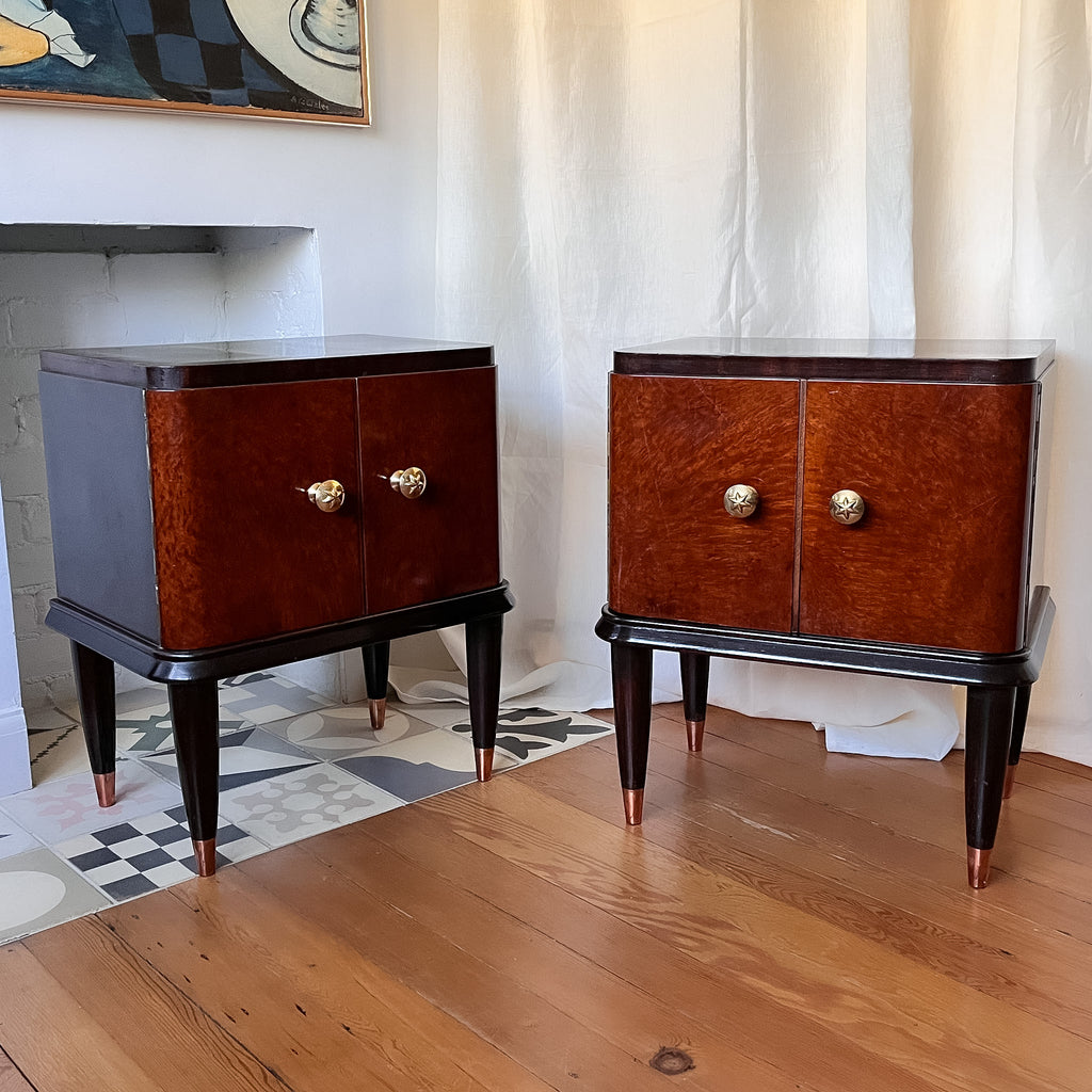 Pair Of Italian Mid Century Burl Mahogany Bedside Cabinets