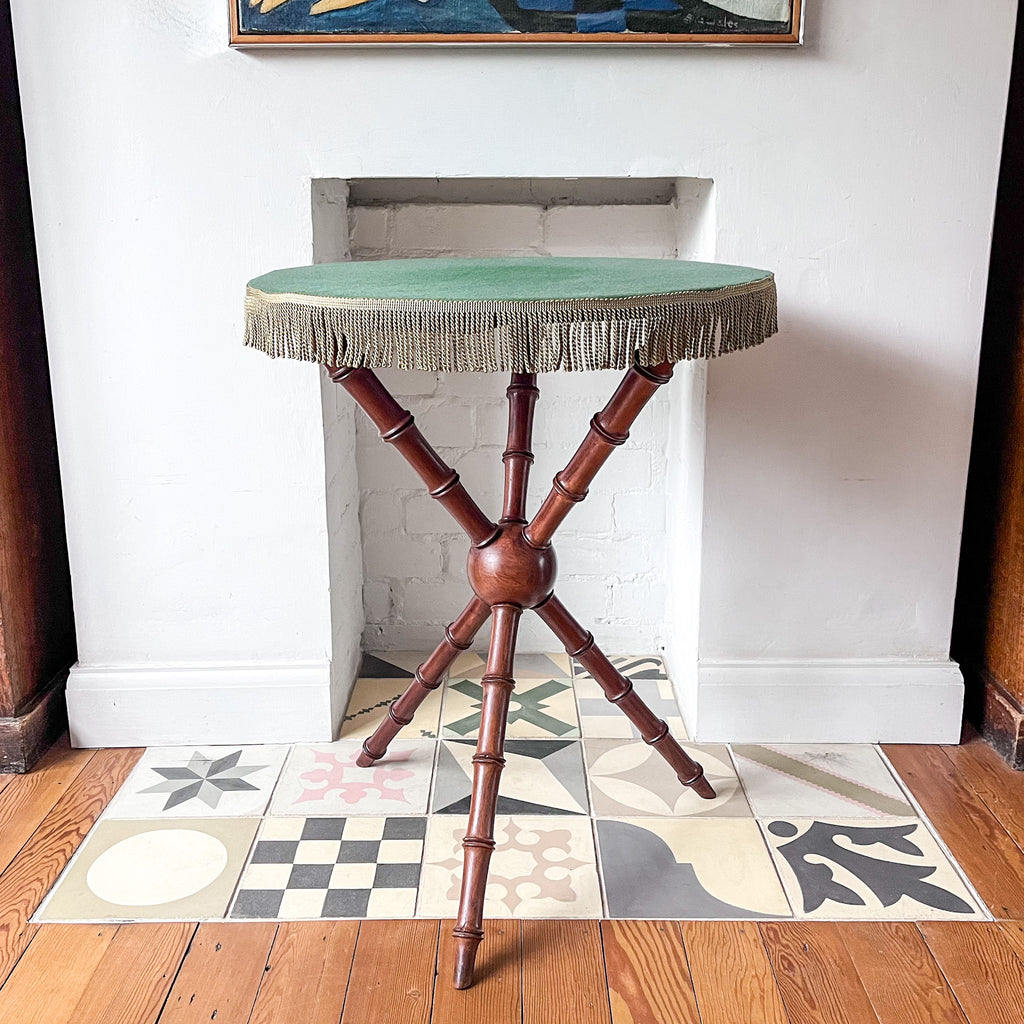 Antique Faux Bamboo Gypsy Table With Green Tasseled Felt Top