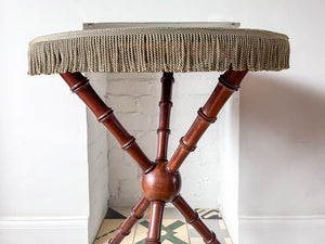 Antique Faux Bamboo Gypsy Table With Green Tasseled Felt Top