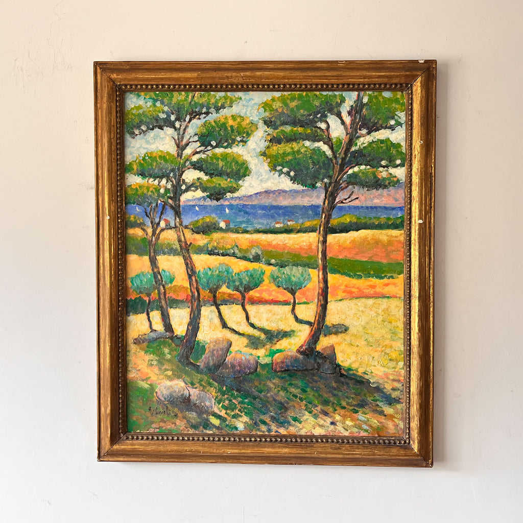French Vintage Oil Painting On Canvas Of A Rural Landscape