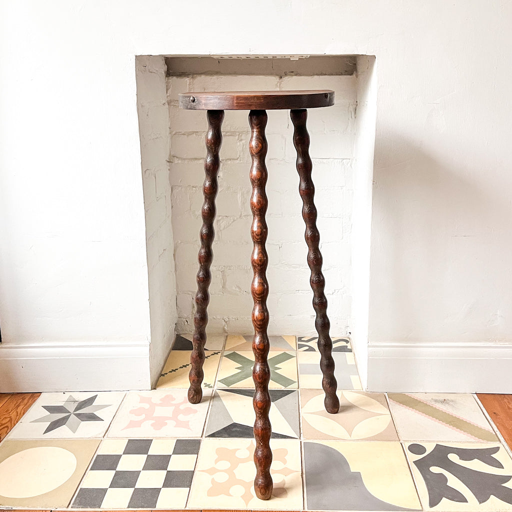 Tall French Vintage Wooden Milking Stool With Bobbin Legs