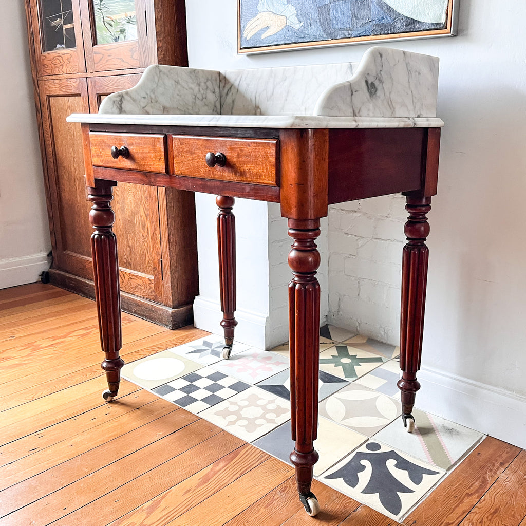 Victorian Mahogany Marble Top Washstand / Console Table On Ceramic Castors