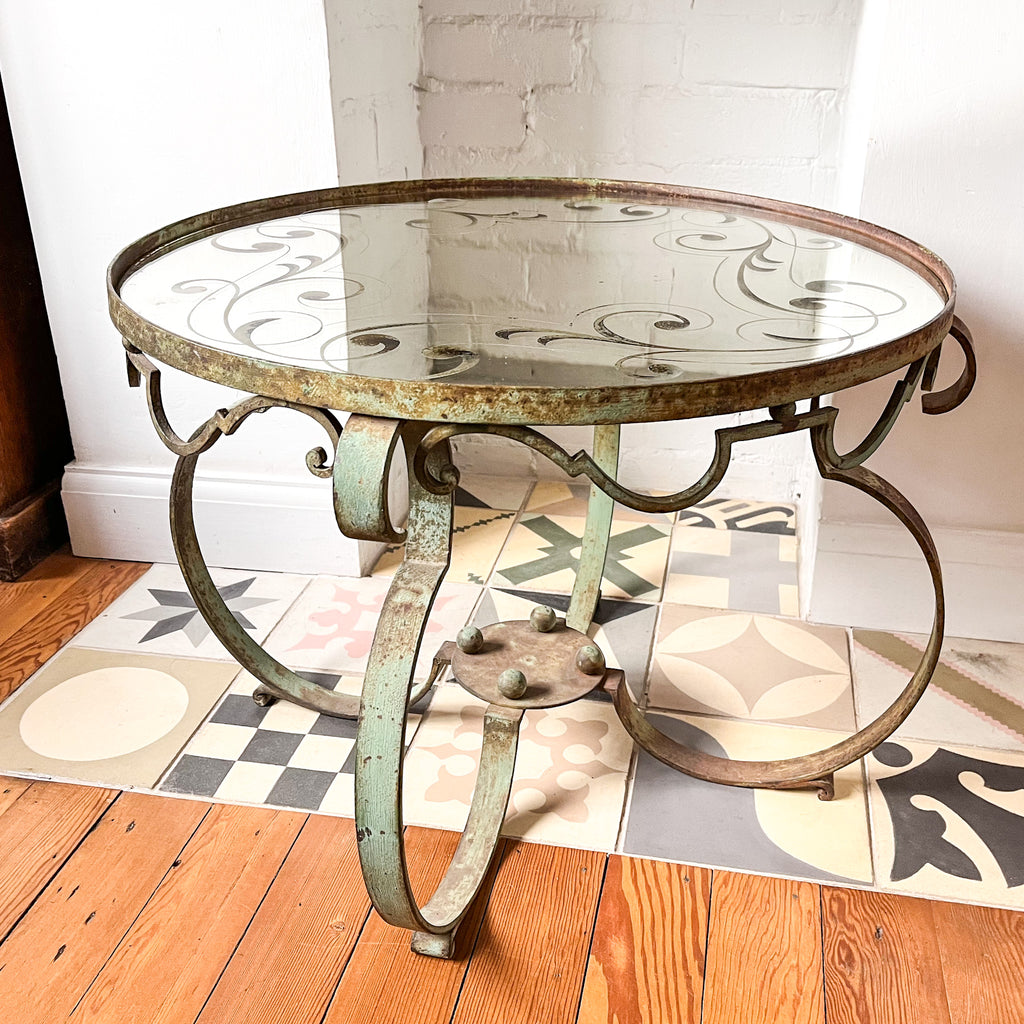 ON HOLD - French Iron Art Nouveau Coffee Table With Mirrored Top
