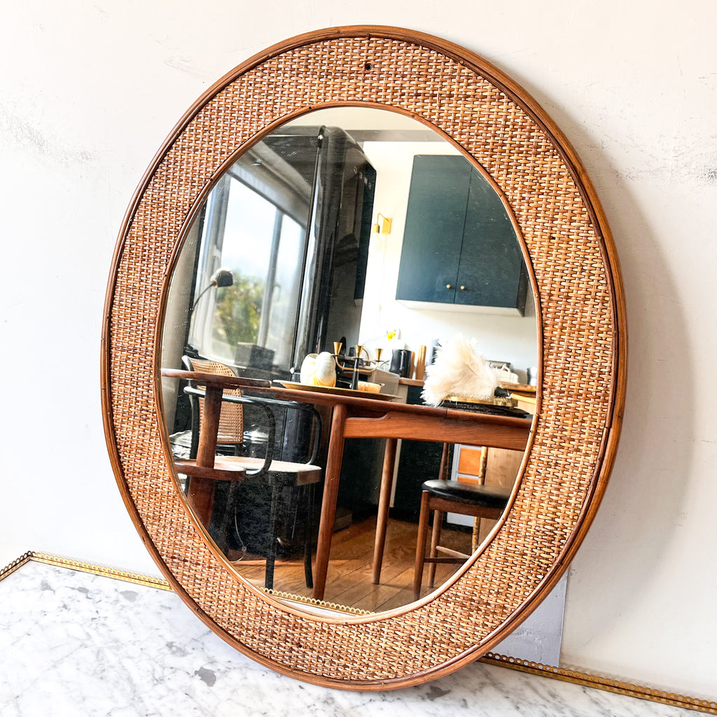 Mid Century Italian Bamboo And Cane Oval Wall Mirror