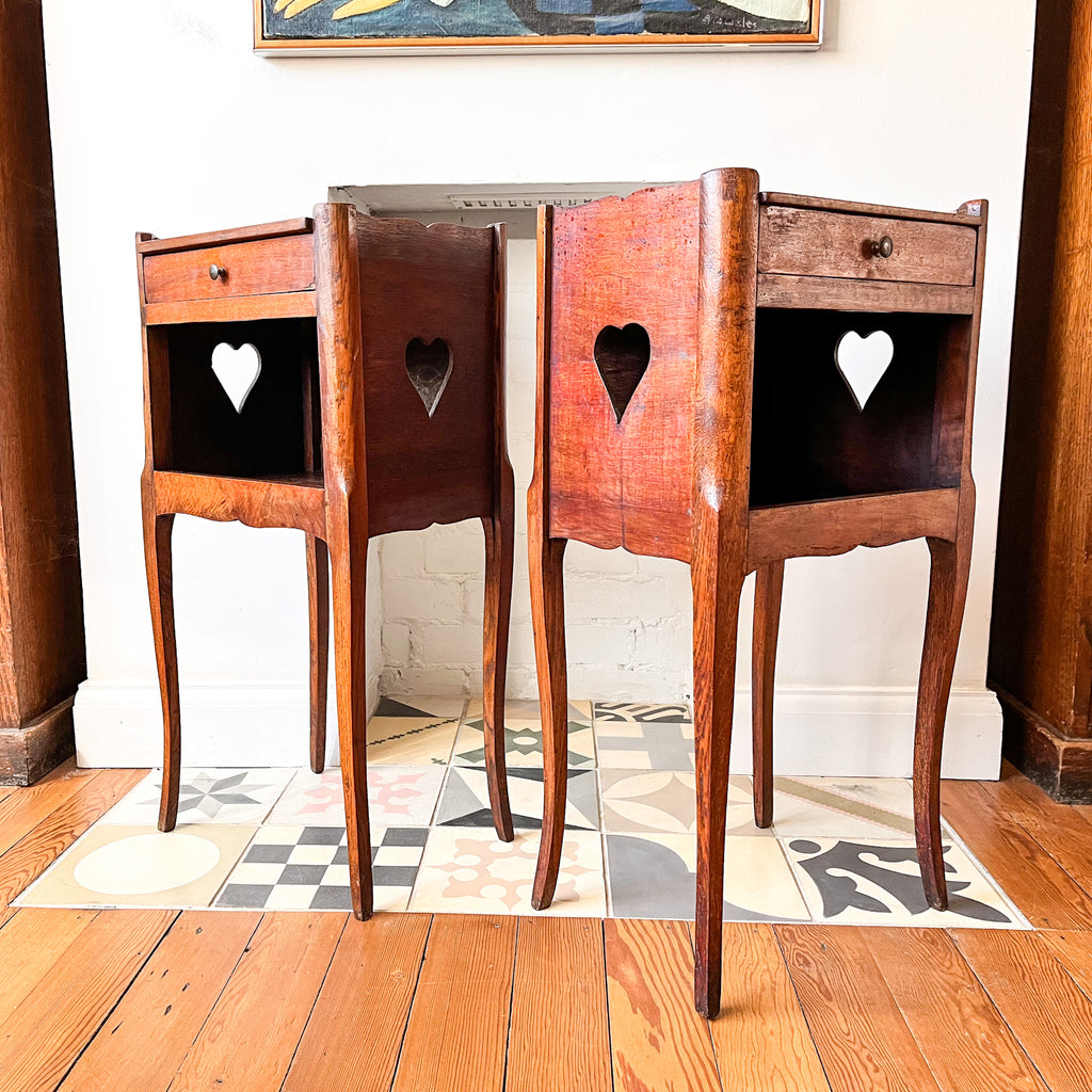 A Pair Of Vintage French Bedside Tables With Heart Cutouts