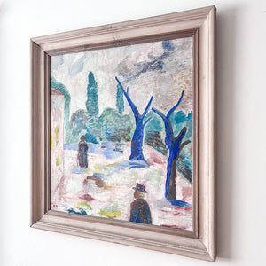 Swedish Oil On Board, Composition With Blue Trees, Signed Bertil Norell